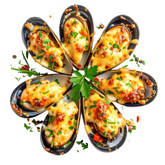 Stuffed mussels with rice and pine nuts isolated on a pure white background, versatile for menu templates and food guides