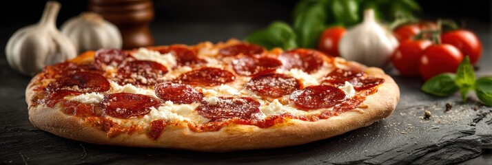 Delicious pepperoni pizza on slate