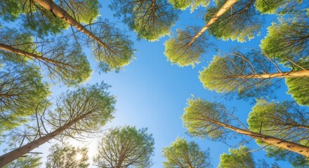 Worms eye view looking up through tall pine tree canopy towards a bright, clear blue sky, capturing the vibrant green foliage against the sunlight