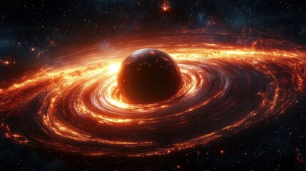 dark spherical body encircled by a fiery glowing spiral disk in deep space, swirling molten rings and distant stars conveying dramatic intense cosmic awe