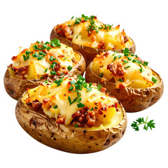 Single loaded stuffed potato skin with toppings perfectly isolated on a pure white background for pub food menus