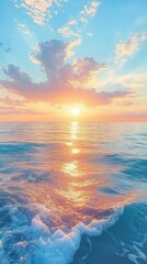 Obraz premium Serene pastel sunset over calm ocean with glowing sun on the horizon, dramatic clouds, shimmering golden reflection and gentle foamy waves