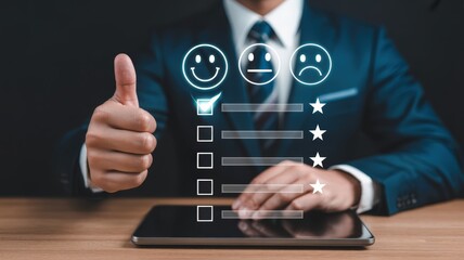 Naklejka premium Business professional gives positive feedback using a digital satisfaction rating system