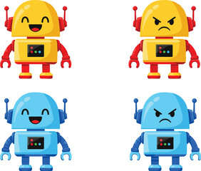 Cute Cartoon Robot Character Set with Happy and Angry Expressions in Blue and Yellow Colors Vector Illustration