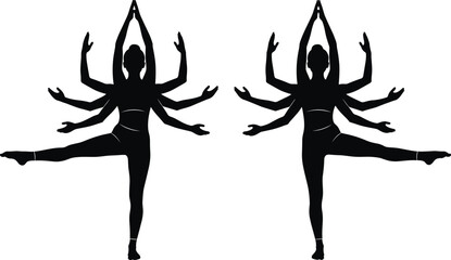 Woman silhouette with many arms, mysterious goddess dancing pose, thousand hand dance concept, spiritual female figure standing on one leg, black vector illustration.