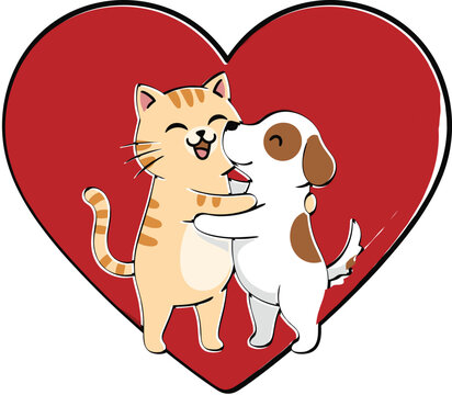 Cute Cartoon Cat and Dog Hugging Inside Red Heart Vector Illustration for Valentine Day Friendship and Love Concept