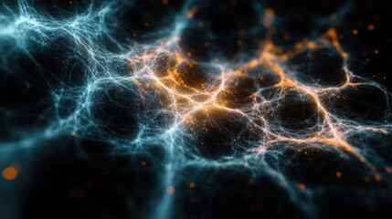 Ethereal glowing network of blue and orange filaments and sparks conveying dynamic energy and cosmic connectivity