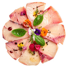 Single serving of fresh swordfish carpaccio perfectly isolated on a pure white background for upscale restaurant promotions