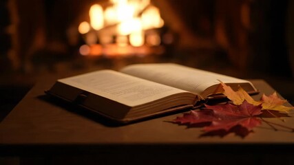 Open book near fireplace with autumn leaves. Cozy scene, warm tones.
