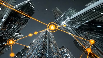 Futuristic cityscape at night showcasing towering skyscrapers with illuminated network connections - Powered by Adobe