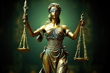 golden robed statue of a classical female figure holding balanced scales in a solemn dignified setting