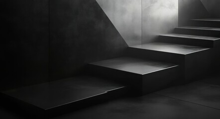dark minimalist concrete staircase with wide floating steps, sharp geometric shadows and a dramatic, moody, mysterious atmosphere