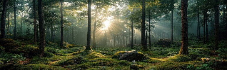 Sunlit misty pine forest with moss-covered floor, scattered rocks and ferns, serene morning light streaming through tall trunks