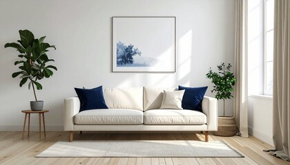 Fototapeta premium 自然光が差し込むミニマルなリビング空間 Minimalist living room with soft natural light and modern furnishings 