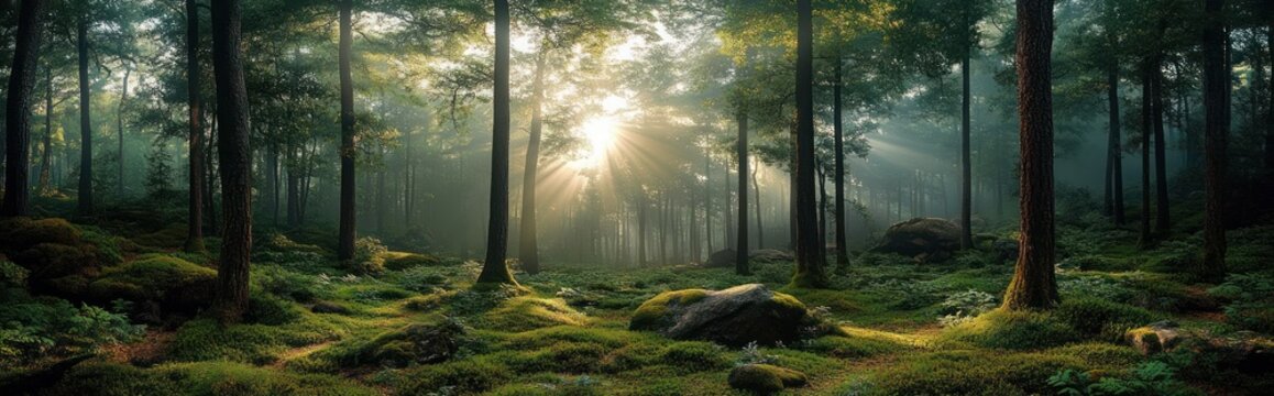 Sunlit misty pine forest with moss-covered floor, scattered rocks and ferns, serene morning light streaming through tall trunks - Powered by Adobe