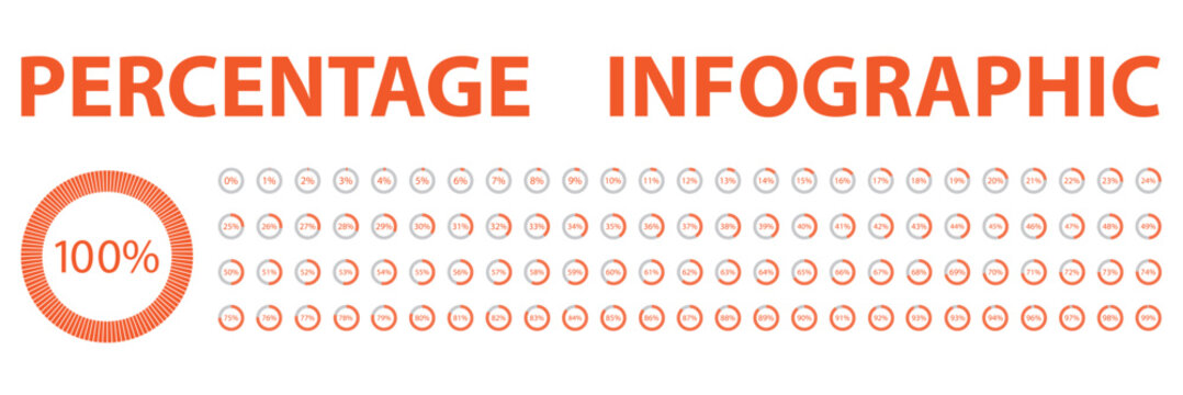 Set of circle percentage diagrams from 0 to 100 for infographics. Set of colorful circle percentage diagrams for infographics. Vector illustration. EPS 10.