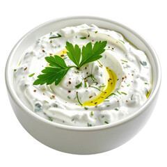 Fresh greek tzatziki dip with cucumber and garlic isolated on a pure white background, perfect for recipe blogs and healthy eating sites