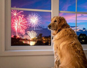 Golden Retriever gazes out window at colorful fireworks display (2)