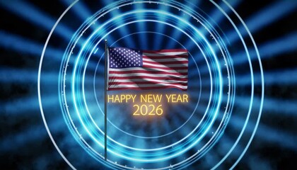 US flag waves with Happy New Year 2026 text and blue animated circles