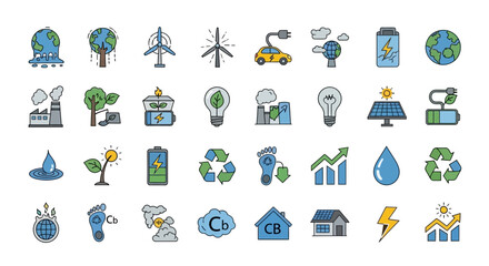 Fototapeta premium Collection of EcoFriendly Energy and Sustainability Icons for Green Technology Concepts. Vector Illustrations. EPS Editable