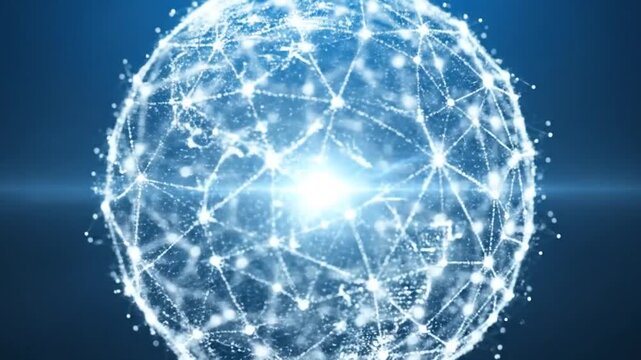 AI data sphere animation with luminous particles, deep learning tech visualization