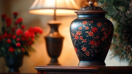 ornate dark floral urn with lid on polished wooden table beside a glowing lamp, blurred red bouquet and evergreen in a warm cozy interior