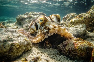 Curious octopus resting among rocky seabed with visible suction cups and textured skin under clear shallow water, calm and contemplative mood