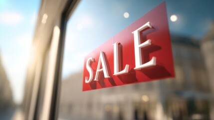 Large red sale sign prominently displayed in the window of an online store, creating an inviting atmosphere for shoppers and promoting discounts