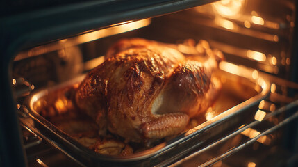 Roasted chicken inside an oven on a metal tray with visible oven rack and light