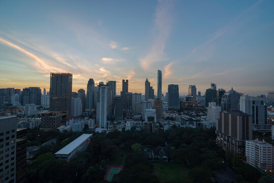Modern city of Bangkok, Thailand and Suan Lum Lumpini Park