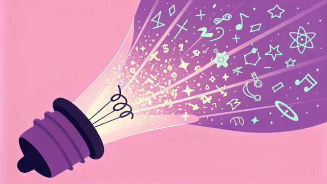 Ai Spark Moment Creative light bulb emitting colorful abstract symbols and shapes, representing ideas and inspiration