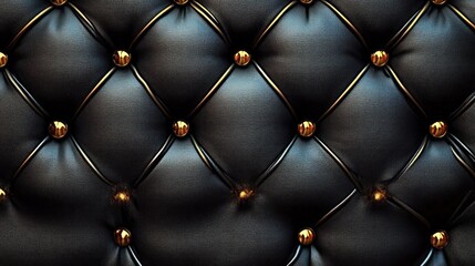 close-up of black tufted leather upholstery with gold studs forming a quilted diamond pattern, plush padded texture conveying luxurious moody sophistication