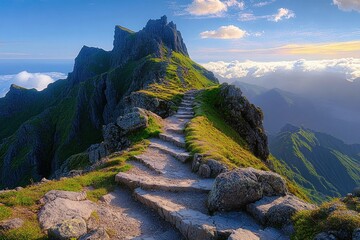 Sunlit stone steps winding along a grassy, rocky mountain ridge toward jagged peaks above a sea of clouds, evoking serene awe and adventurous ascent