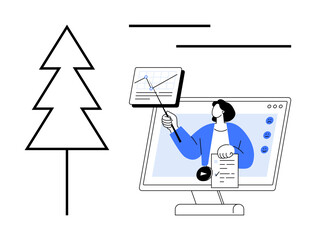 Online learning concept. Online education features virtual presentations, growth data on screens, and e-learning elements. Online tools empower distance learning and digital growth. For education