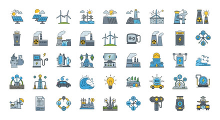 Fototapeta premium Collection of Energy and Industry Icons Representing Sustainable and Traditional Power Sources. Vector Illustrations. EPS Editable