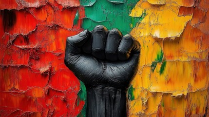 Raised painted black fist against textured red green and yellow peeling paint background conveying strength and defiance