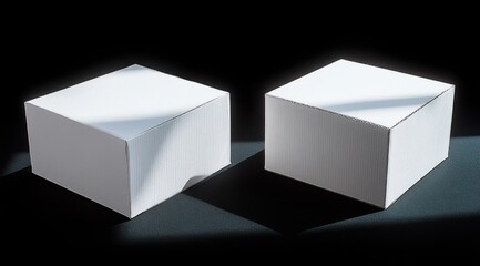 two white corrugated cardboard boxes on a dark surface with dramatic diagonal shadows minimal studio still life conveying calm mysterious elegance