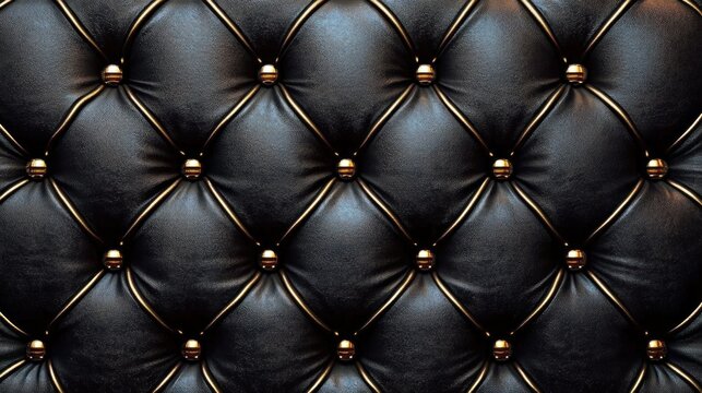 black tufted leather upholstery with gold buttons, glossy quilted diamond pattern conveying luxury and elegant sophistication