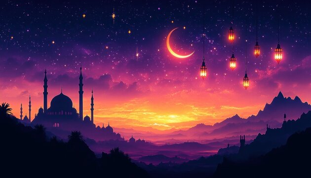 silhouetted mosque with domes and minarets beneath a crescent moon and glowing hanging lanterns above a starry purple and orange sunset over distant mountains and palm trees, serene and mystical - Powered by Adobe