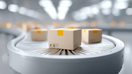 Close up of cardboard boxes on a circular conveyor belt in a modern warehouse, showcasing efficient logistics and packaging processes
