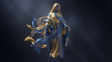 Ethereal figure draped in flowing golden and blue fabric, creating a modern, spiritual aesthetic with a touch of mystery and artistic elegance, perfect for creative projects