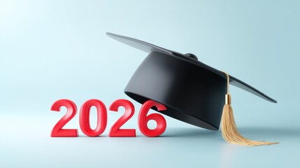 Classic black graduation cap mortarboard with a gold tassel beside bold red 2026 numbers, symbolizing academic achievement and celebration