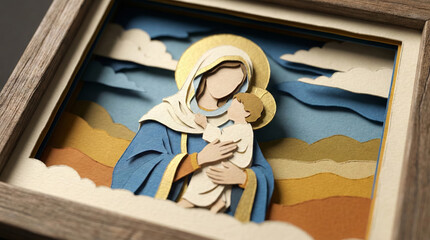 Delicate paper art showcasing the tender bond between mother and child, a symbol of maternal love and serenity, perfect for religious holidays, family celebrations, and heartfelt gifts