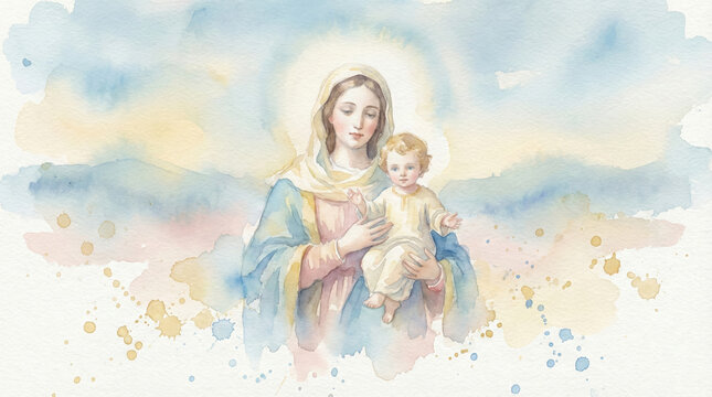 Watercolor painting of Virgin Mary holding baby Jesus radiates peace and serenity perfect for religious cards, inspirational art, or spiritual designs offering hope and comfort
