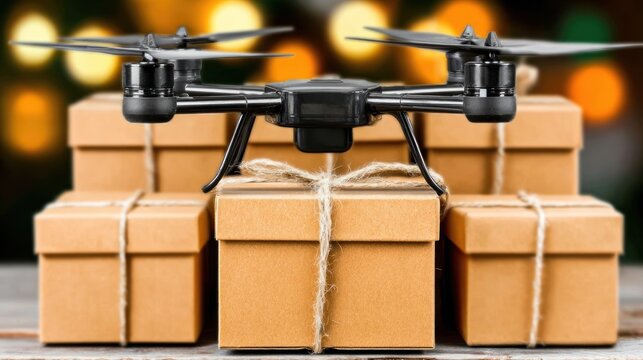 Drone Flying Over Brown Cardboard Boxes with String Ties in Front of Blurred Lights