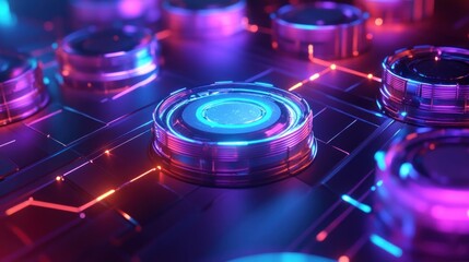 glowing metallic discs arranged on a neon-lit circuit board with blue and magenta highlights, futuristic energetic high-tech atmosphere