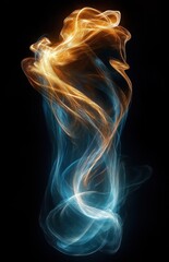 Obraz premium Luminous orange and blue smoke-like ribbons of light twisting upward on a black background, ethereal and elegant, conveying dynamic energy and serene mystery