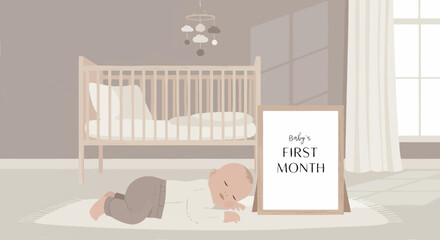 Sleeping Newborn Celebrating Milestone First Month In Nursery Room