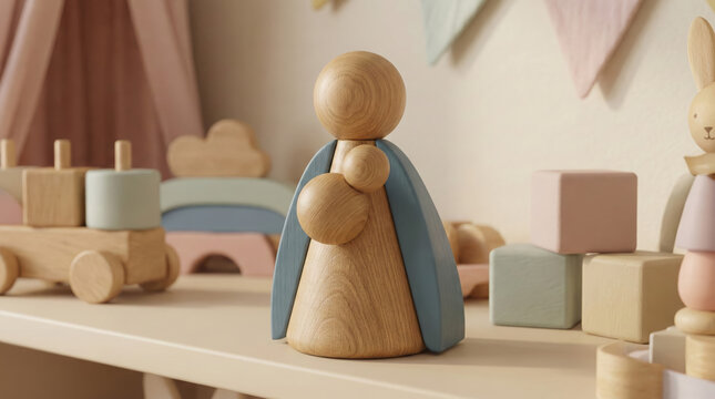 Wooden mother and child toy radiates a warm and nurturing vibe, perfect for parenting blogs, early childhood education materials, and promoting sustainable play, embodying gentle parenting - Powered by Adobe
