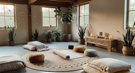 Serene Yoga Studio Interior with Natural Light and Plants.